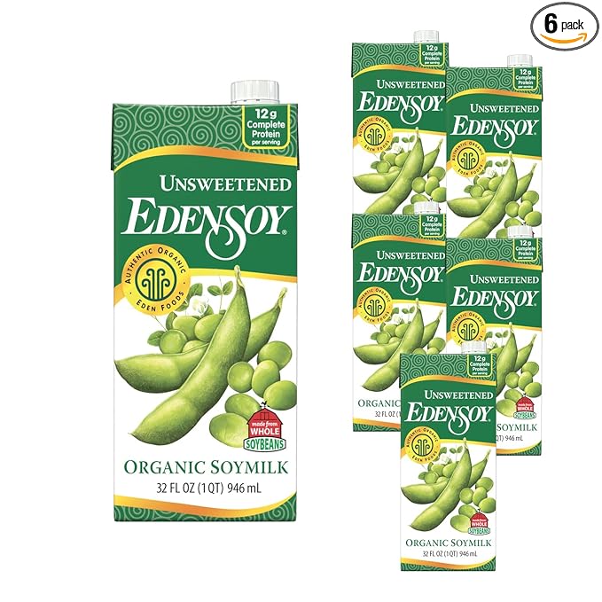 Edensoy Unsweetened Eden Organic Soymilk, Non-GMO, USA Whole Soy (Soya) Milk, Non-Dairy, Vegan, Plain, Shelf Stable, 32 oz (6-Pack)