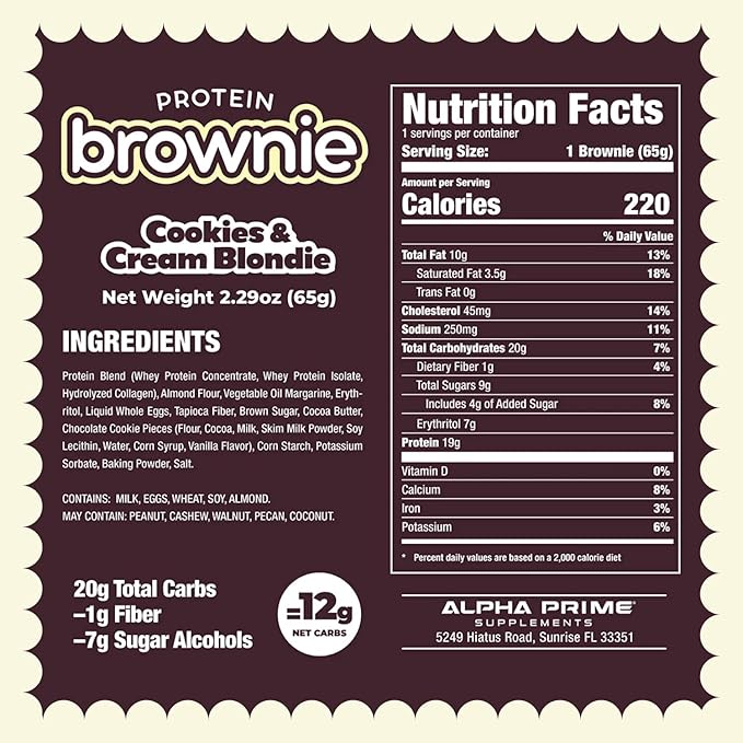 Prime Bites High Protein Brownie (12 Per Box, Birthday Cake Blondie) - 19g of Protein, 5g of Collagen, Gluten Free, Low Sugar Treat, Delicious Protein Snack