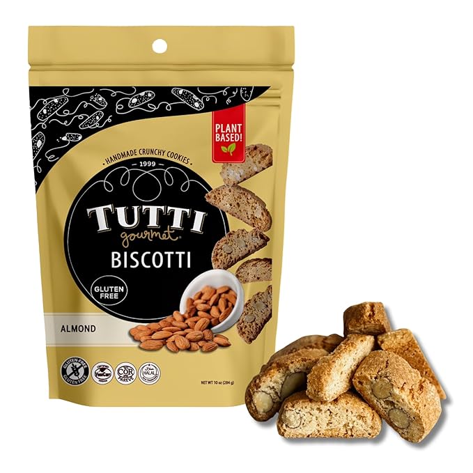 Tutti Gourmet Gluten Free Almond Biscotti, 9.9 oz (283g) Resealable Cookie Bag - Plant Based Vegan and Halal Snacks, Crunchy Italian Cookies for Coffee and Tea