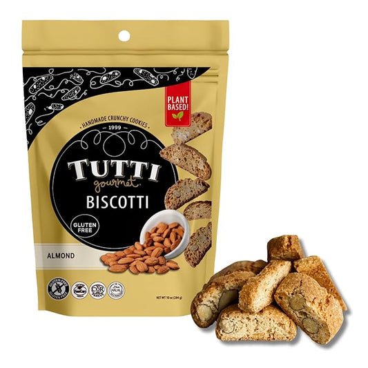 Tutti Gourmet Gluten Free Almond Biscotti, 9.9 oz (283g) Resealable Cookie Bag - Plant Based Vegan and Halal Snacks, Crunchy Italian Cookies for Coffee and Tea