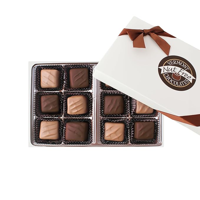 Vermont Nut Free Chocolates Boxed Chocolate Caramels (Assorted Chocolate) 12-Piece, Nut-Free, Egg-Free, Kosher
