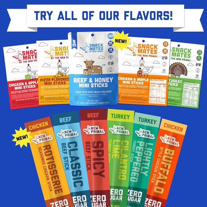 New Primal Snack Mates Beef & Honey Sticks, Healthy Snacks for Kids, Low Sugar High Protein Back to School Snacks, Gluten Free, Mini Jerky Meat Stick, 4g Protein, 50 Calories, 40 Pack