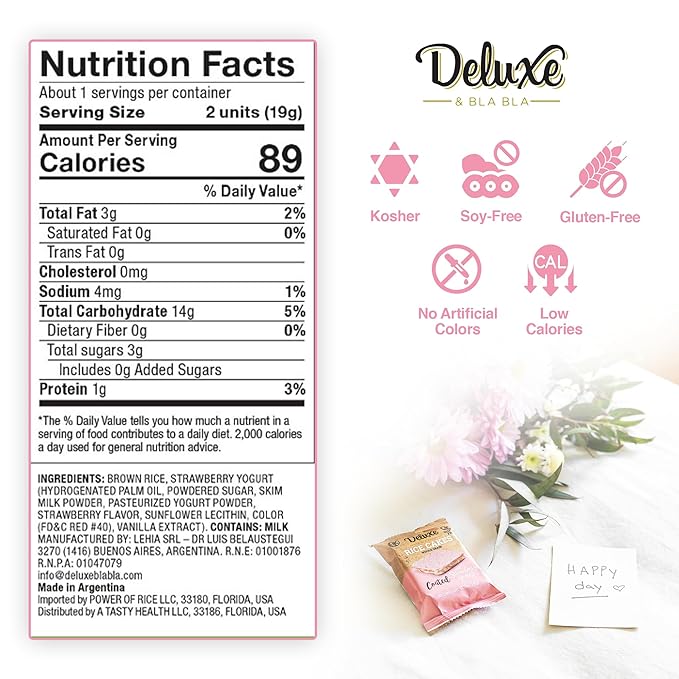Deluxe & Bla Bla Rice Cakes 12 Pack – Whole Grain, Gluten-Free, Kosher, Low-Calorie Snack – Coated with Strawberry Yogurt – Healthy & Crunchy Treat – Individually Wrapped, (19g Each)