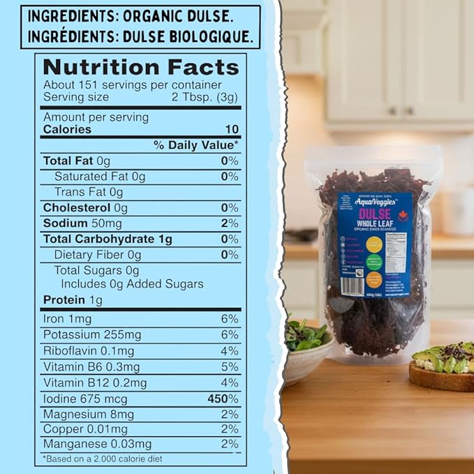 Aqua Veggies Organic Atlantic Dulse Whole Leaf – Hand-Harvested & Sun-Dried from Bay of Fundy – Rich in Iodine, B6, B12, Iron, Protein, Calcium & Magnesium – Vegan Superfood (16 Ounce)