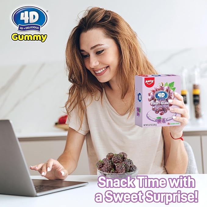 AMOS 4D Gummy Candy Grape Burst – 3D Grape Shaped, Jelly-Filled, Natural Flavor Fruit Gummy – 240g Box (Pack of 10) – Fruit-Filled Gummy Treats for Kids & Adults – Perfect for Parties & Gift Bags