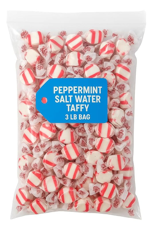 Peppermint Saltwater Taffy – 3 lb Bulk Bag, Soft & Chewy Gourmet Candy, Individually Wrapped Peppermint Taffy Sweets for Parties, Gifts & Candy Buffets