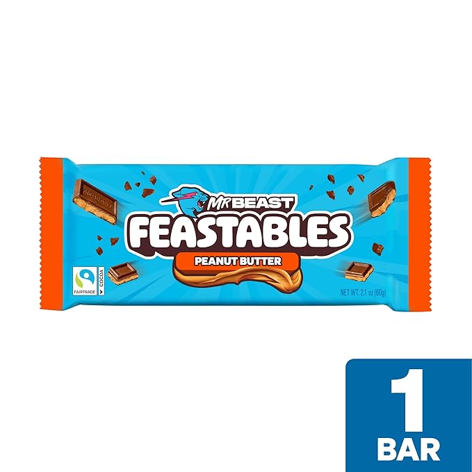 Feastables MrBeast Peanut Butter Milk Chocolate Chocolate Bar, King Size Candy Bar for Adults & Kids, Candy Bars for Snacks, Gifts, & Dessert, Sweet & Creamy Fairtrade Cocoa, 2.1 Oz Each, 10 Count