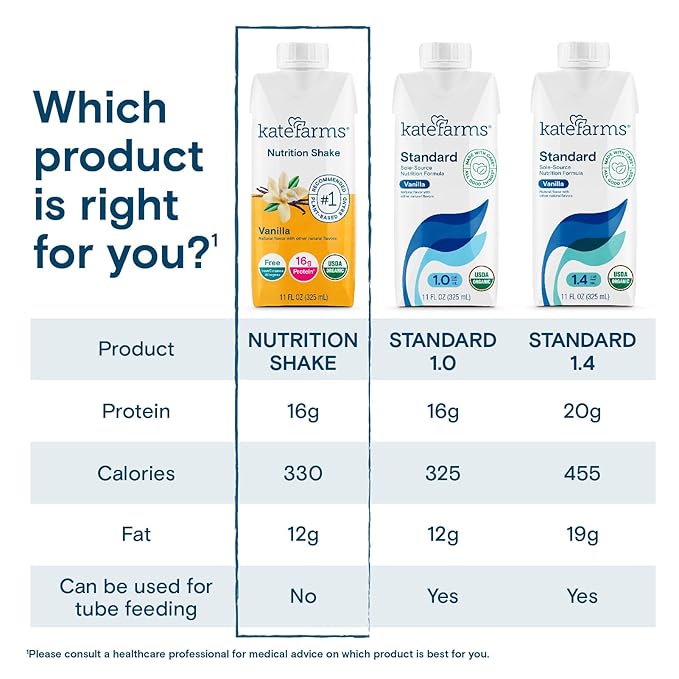 KATE FARMS Organic Nutrition Shake, Vanilla, 16g Protein, 27 Vitamins and Minerals, Protein Meal Replacement Drink & Shake, 11 oz (12 Pack)
