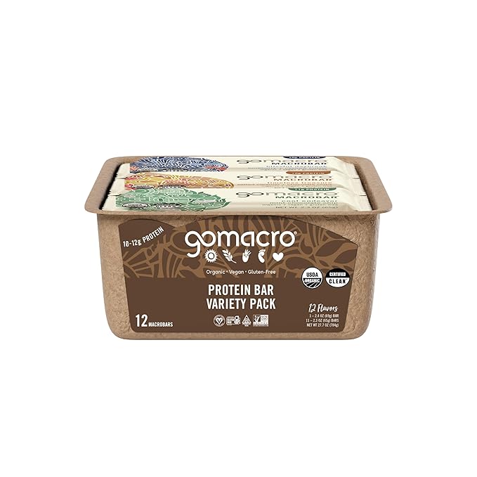 GoMacro MacroBar Organic Vegan Protein Bars - Protein Variety Pack (2.3-2.4 Ounce Bars, 12 Count)