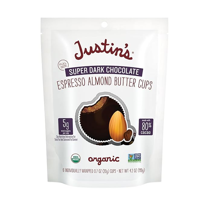 Justin's Organic Super Dark Espresso Almond Butter Cups, Rainforest Alliance Certified Cocoa, Gluten-free, Responsibly Sourced, 6 Stand-up Bags (4.2 Ounce Each)