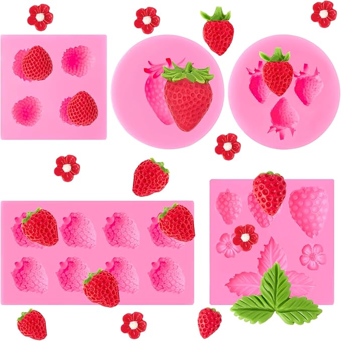 CLUEWR 5 PCS Silicone Strawberry Molds, 3D Strawberry Fondant Molds for Chocolate, Candy, Cake Decoration, Cupcake Topper