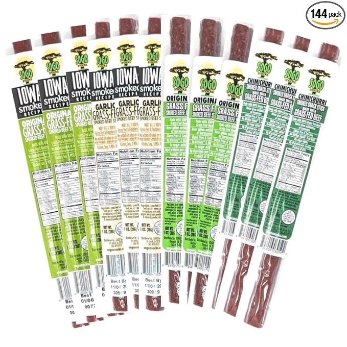 Mild Variety, Sogo Snacks, 4 No Sugar, 100% Grass-fed/finished, Non-GMO, Beef Flavors. No Nitrates, Gluten, Soy, MSG, Dairy, Nuts (36 Org-ISR, 36 Garlic-ISR, 36 Org, 36 Chimi, 144-cnt, 1-oz)