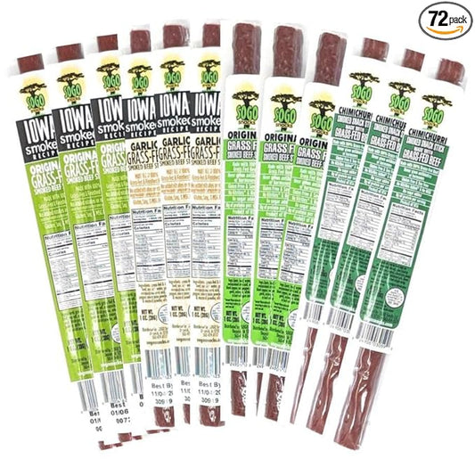 Mild Variety, Sogo Snacks, 4 No Sugar, 100% Grass-fed/finished, Non-GMO, Beef Flavors. No Nitrates, Gluten, Soy, MSG, Dairy, Nuts (18 Org-ISR, 18 Garlic-ISR, 18 Org, 18 Chimi, 72-cnt, 1-oz)