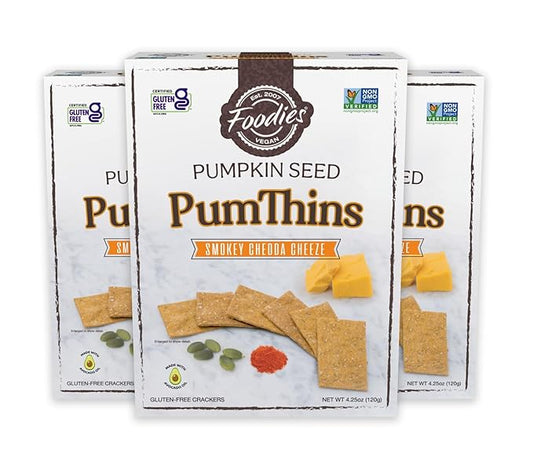 Foodies PumThins Smokey Chedda Pumpkin Seed Crackers, Gluten Free, Grain Free, Low Carb, No Seed Oils, High Protein, Clean Ingredients, 4.25 oz (3-Pack)