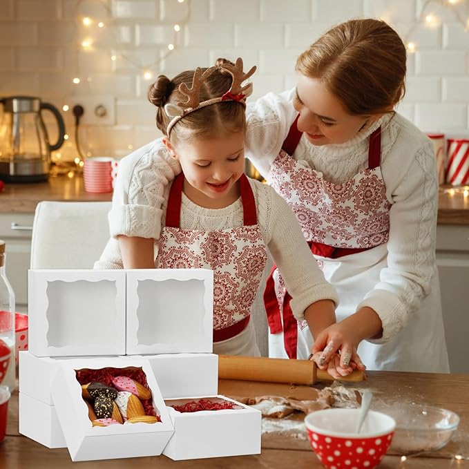 JOHOPACK 100 Pack 5x5x2.5 Inch Bakery Boxes Cookie Boxes with window Treat Box Chocolate Covered Strawberries Box for Macaroon Dessert Cupcake Pastry Muffins