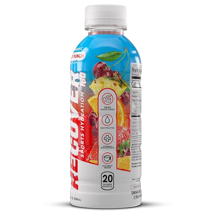 RECOVER 180 Organic Sports Hydration Drink, No Sugar Added, 20 Calorie Sports Beverage, Organic Flavors With Vitamins, Potassium-Packed Electrolytes (16.9 Fl Oz (Pack of 12), Fruit Punch)