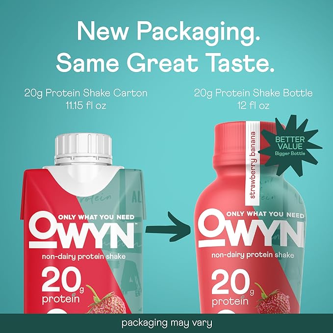OWYN Only What You Need Strawberry Banana Flavored Protein Shake Liquid, 20g Protein, 4g Sugar, 3g Fiber, Dairy-Free, Plant-Based Protein Drink, 12 Count