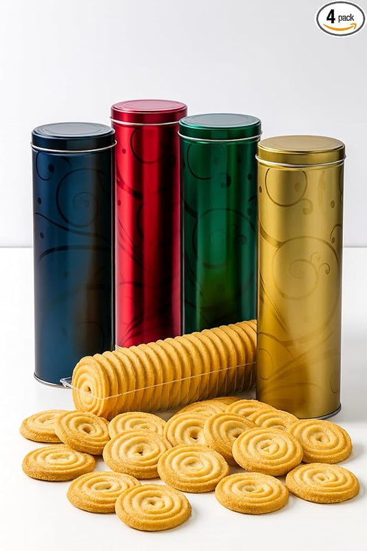 European Shortbread Cookies Tin Gift Set – 4 Holiday Gifts in 1 – German-Style Butter Shortbread, 4 Decorative Tins Filled with Crispy Cookies – Christmas Cookie Gift Pack for Sharing & Gifting