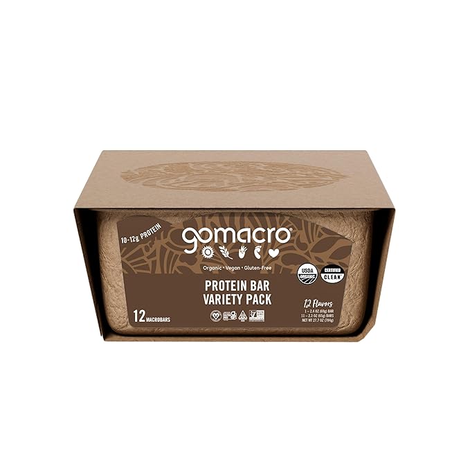 GoMacro MacroBar Organic Vegan Protein Bars - Protein Variety Pack (2.3-2.4 Ounce Bars, 12 Count)