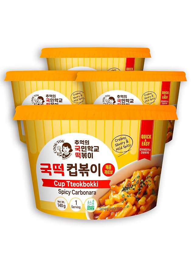 Korean Food Cooktok Cup Tteokbokki (Spicy Carbonara, 4Cups) All in one, Instant Tteokbokki, Rice Cakes and Seasoning Powders, Quick and Easy to Prepare, Ready in minutes 추억의 국민학교 떡볶이
