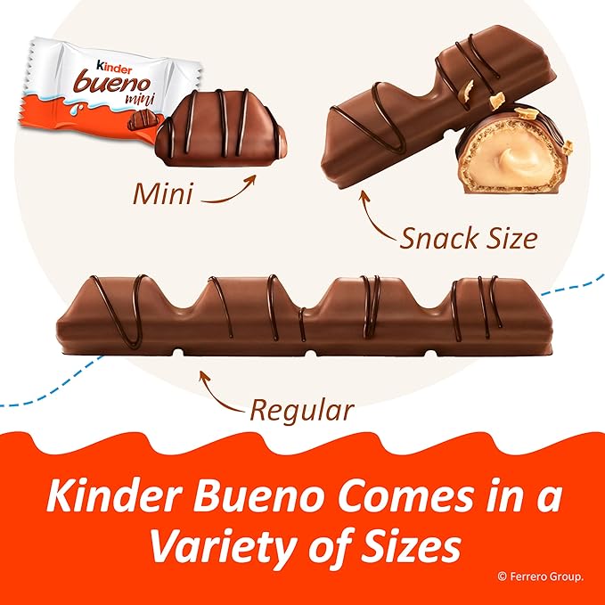 Kinder Bueno Milk Chocolate Bars with Hazelnut Filling, 30 Packs of 2, Bulk Chocolate Candy Bars for Game Day, Football Party Supplies, Snacks for Adults, 1.4 oz Per Pack