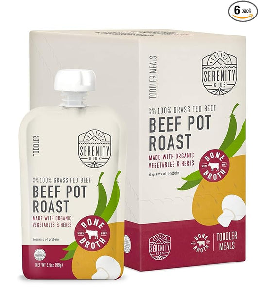 Serenity Kids Beef Bone Broth Puree with Organic Veggies - Protein-Rich, BPA-Free & Grass Fed Beef Pot Roast Pouch Baby Food - Clean Label Project Purity Award Certified - 3.5 Oz, 6 Pack