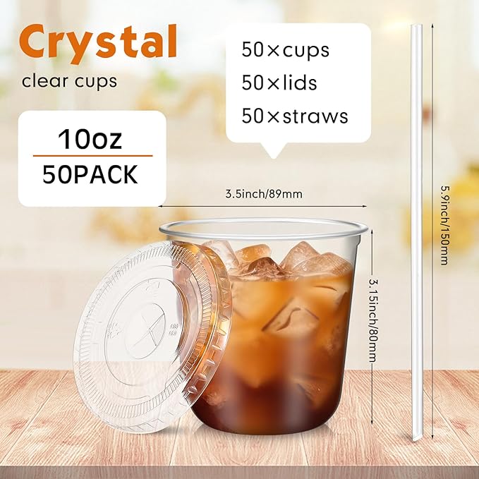 Ziliny 50 Sets Clear Plastic Cups with Lids and Straws, Disposable Iced Coffee Cups Drinking PET for Cold Drinks, Juice, Smoothie, Coffee Shops, Party, Christmas (Clear,10 oz)