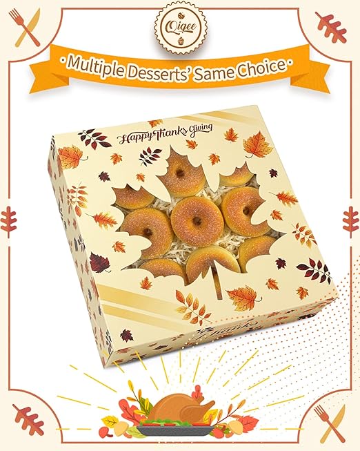qiqee Thanksgiving Auto-pop up Cookie Boxes with Window 12packs 8x8x2.5 Inch Bakery Box Pastry Box for Thanksgiving