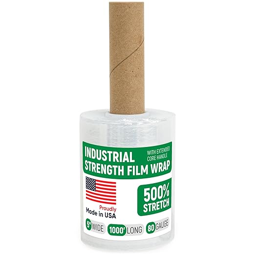 Paclord 5" x 1000' Industrial Strength Clear Stretch Wrap with Extended Core Handle, Ready to Use Pack of 1 Stretch Film Mini Roll, 80 Gauge Thick, 500% Elongation - Shrink Wrap for Moving, Packing