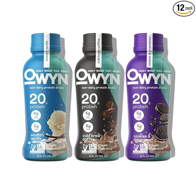 OWYN Only What You Need Protein Shake Variety Pack, Vanilla, Cold Brew Coffee, Cookies and Creamless Flavored Protein Shakes, 20g Protein, 4g Sugar, 3g Fiber, Dairy Free, Plant Based Protein, 12 CT