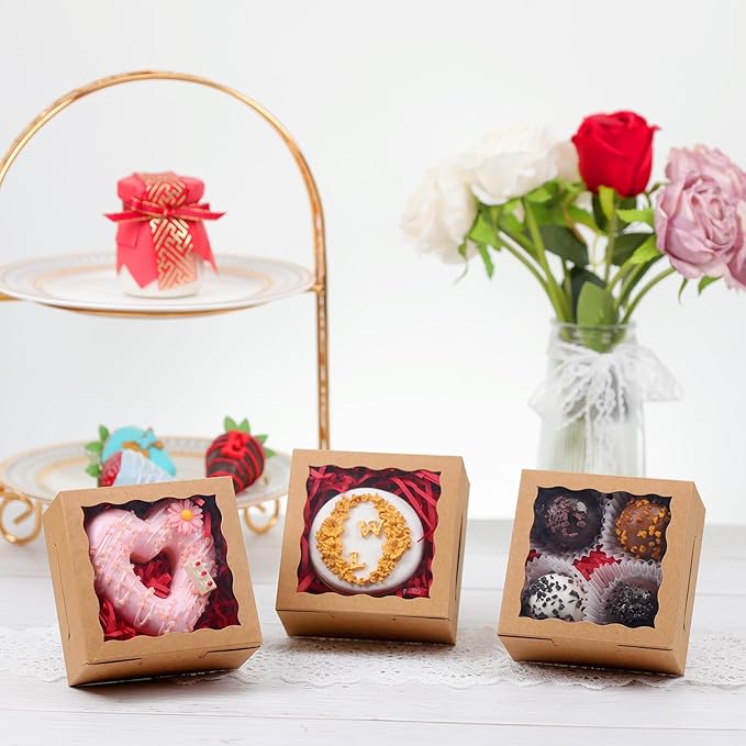 JCXGRVC 100 Pack Cookie Boxes with Window 4x4x2 Inch,Bakery Boxes, Chocolates Strawberries,Treat Boxes, Mini Cake Boxes, Pastry Dessert Boxes for Candy, Cupcakes- Brown Paper