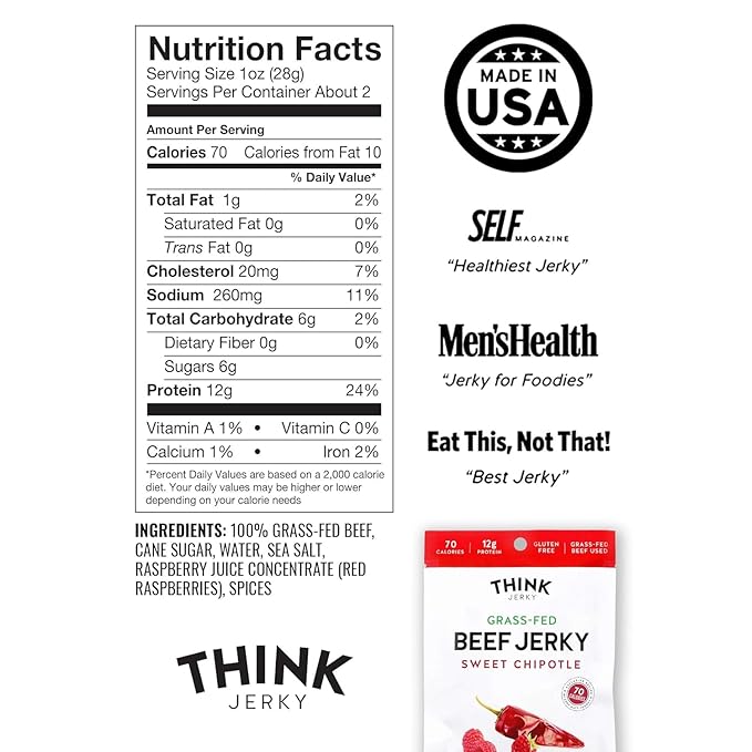 Think Jerky Sweet Chipotle Beef Jerky, Grass-Fed High Protein Beef Jerky, Gluten Free, No Antibiotics or Nitrates, Healthy Chef Crafted Recipe, Low Calorie and Low Fat - 2.2 oz Bags, 4 Pack