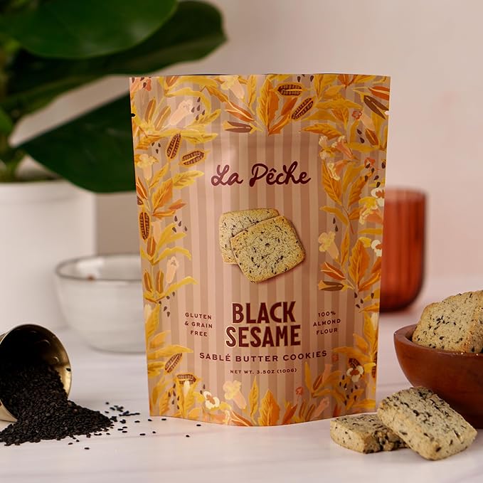 La Pêche Sable Butter Cookies Gluten Free, Grain Free, Non-GMO, Kosher - Small Batch - Resealable Pouch - 8 Cookies (3.5oz) (Black Sesame)