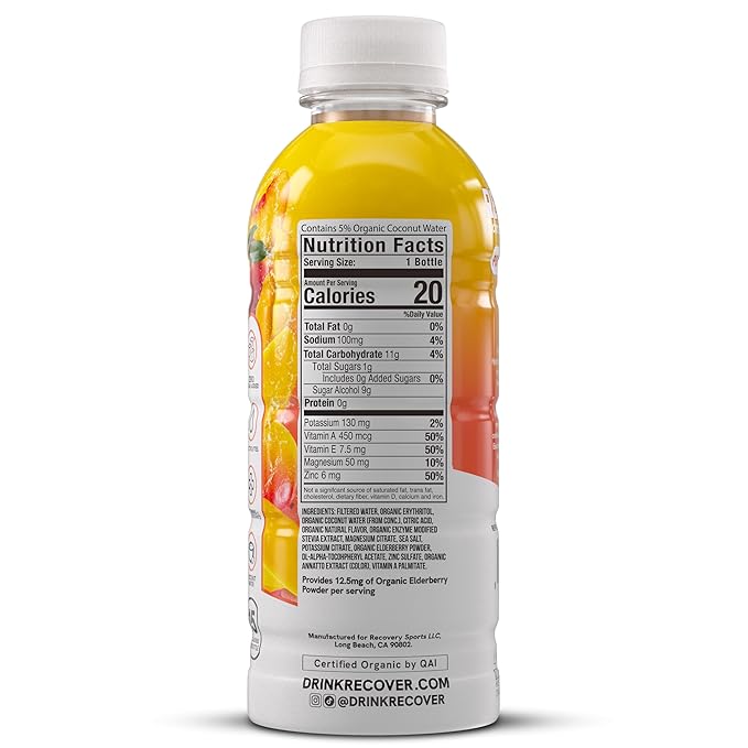RECOVER 180 Organic Sports Hydration Drink, No Sugar Added, 20 Calorie Sports Beverage, Organic Flavors With Vitamins, Potassium-Packed Electrolytes (16.9 Fl Oz (Pack of 12), Peach Mango)