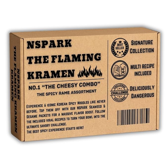 NSPARK FLAMING KRAMEN Spicy Ramen Variety Pack (10 Packs) | 5 Famous Flavors & (10) Sesame Seaweed Topper | (10 Individual Wrap Heavy Fork) Ultimate Korean Style Spicy Noodle Challenge 30 Item Count | Asian Instant Ramen Student Care Package Bundle