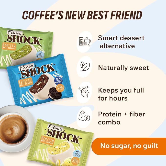 FitnesSHOCK Protein Brownie Variety Pack – White Chocolate Coated Snack – Pistachio, Cookie Cream & Lemon Poppy – No Added Sugar, 15% Protein - Dessert Alternative – 10x50g