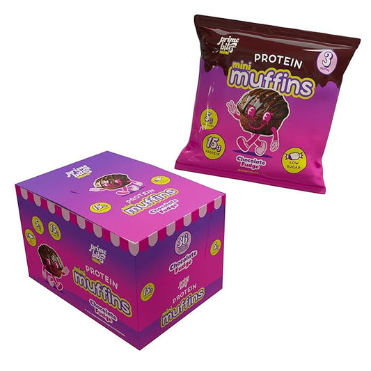 Prime Bites Minis - High Protein Muffin (12 Per Box, Chocolate Fudge) - 15g of Protein, 5g of Collagen, Gluten Free, Low Sugar Treat, Delicious Protein Snack