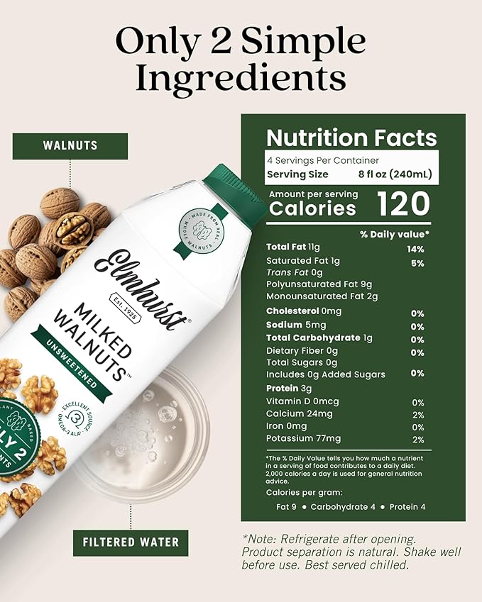 Elmhurst 1925 Unsweetened Walnut Milk - 32 Ounce (Pack of 6) Dairy-Free, Gluten-Free, Vegan, Kosher, Shelf Stable Milk Made with Water & Walnuts for Healthier, Simpler Plant-Based Alternatives