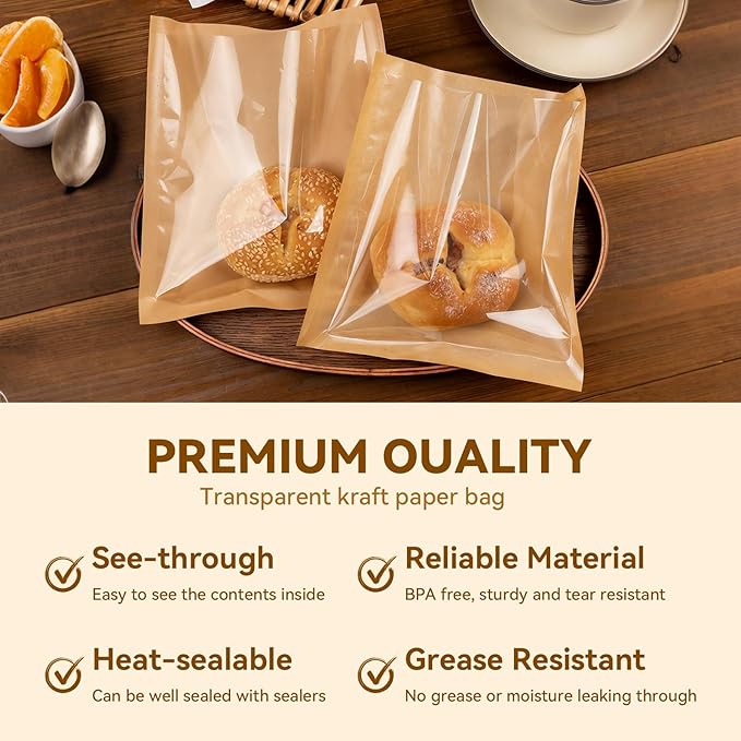 120Pack cookie bags with seal, 5.7x6.5 Inch Small Paper Bakery Bags with Window 140 Pcs Thank You Stickers, Heat Sealable & Grease Resistant for Donut, Treats, Scone, Brownie Packaging