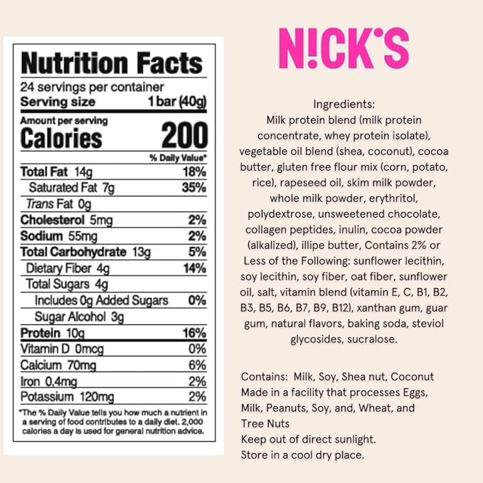 NICKS Protein Wafer Bar | 25% Protein (10g) 198 Calories | Low Carb Chocolate Cookie Bar Snack with No Added Sugar, Gluten Free, Chocolate (24 bars x 40g)