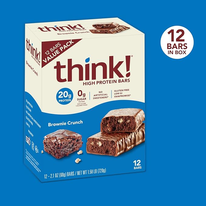 think! Protein Bars, High Protein Snacks, Gluten Free, Sugar Free Energy Bar with Whey Protein Isolate, Brownie, Nutrition Bars without Artificial Sweeteners, 2.1oz Bars, 1 Box (Pack of 2)
