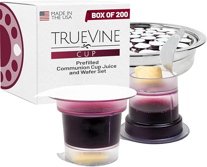 TrueVine Top & Bottom Communion Cups and Wafer Set - Prefilled Cups with Fresh Unleavened Bread & Grape Juice - Carefully Packaged & Easy to Open, Ideal First Communion Favors for Guests (200 Count)