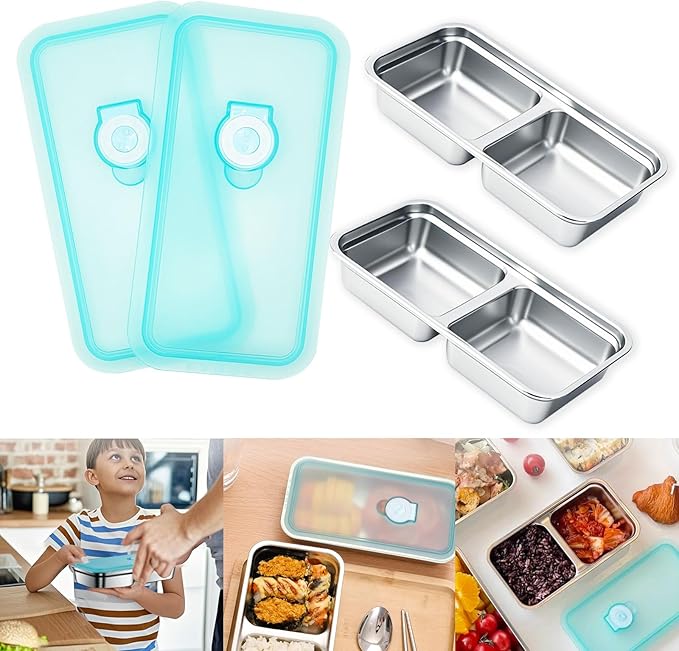 2pcs Grab and Go Snack Containers Stainless Steel, Reusable Snack Condiment Containers with Lids, Double Compartment Food Lunch Meal Container Prep for Travel, Small Packs Container