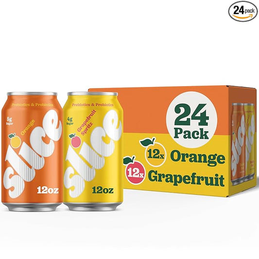 Slice Healthy Soda, Orange & Grapefruit Variety Pack, Prebiotic & Probiotic Soda Pop, 5g Fiber, 35-40 calories, 12 fl oz 24 Pack (12 of each flavor)