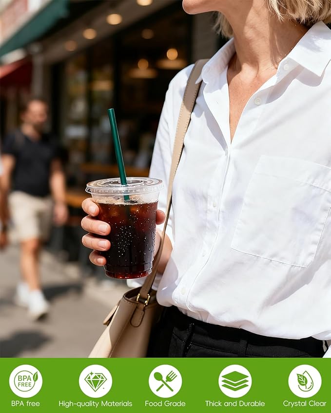Goodluck 100 Pack 16oz Plastic Cups with Lids and Green Straws, Clear Disposable Iced Coffee Cups, Food Safe Cold Drink Cups for Bubble Tea, Smoothies & Shakes, BPA Free