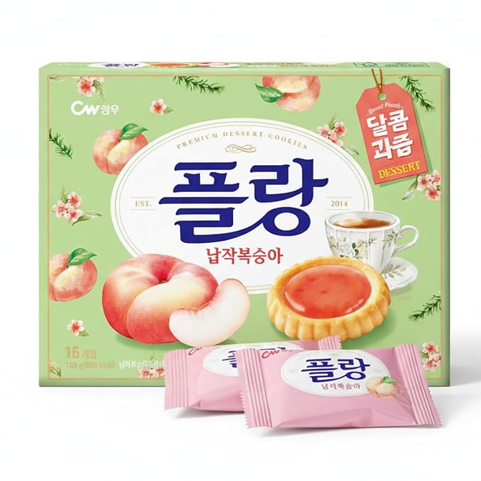 Korean Food CW Flang Flat Peach Dessert Cookies 5.64 oz, Soft Filled Peach Jam Biscuits, Individually Wrapped, 16 Count