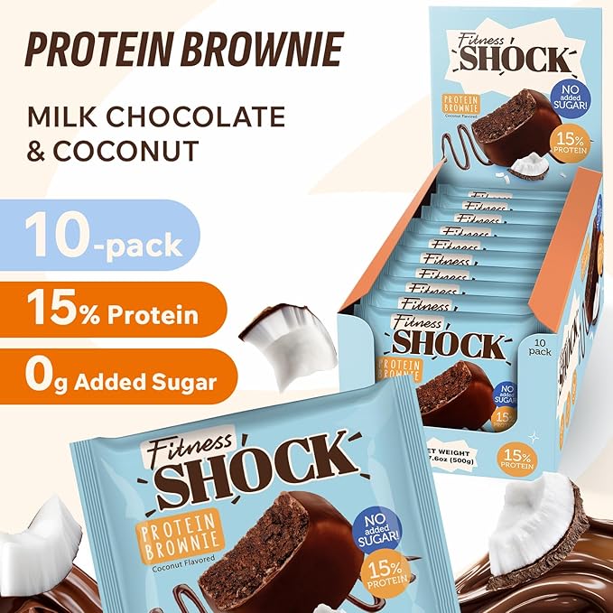 FitnesSHOCK Chocolate Brownie without Added Sugar, 15% Protein, satiating dietary fibre, Soft Texture, 10 Pieces, 50g - Coconut