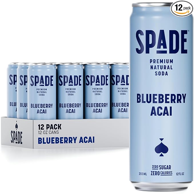 Spade Soda Blueberry Acai 12 Pack, Premium All-Natural, No Sugar, No Calories, Electrolytes, Magnesium, Potassium, Healthy Non GMO, Sweet Quality Stevia, No Artificial Sweeteners, Great Taste, Bold Taste