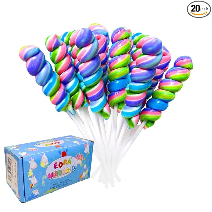 Rainbow Twisty & Swirl Lollipops 20pk, Mermaid Candy Individually Wrapped Bulk, Unicorn Candy Twist Lollipop Suckers, Unicorn Birthday, Blueberry Flavor