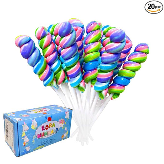 Rainbow Twisty & Swirl Lollipops 20pk, Mermaid Candy Individually Wrapped Bulk, Unicorn Candy Twist Lollipop Suckers, Unicorn Birthday, Blueberry Flavor